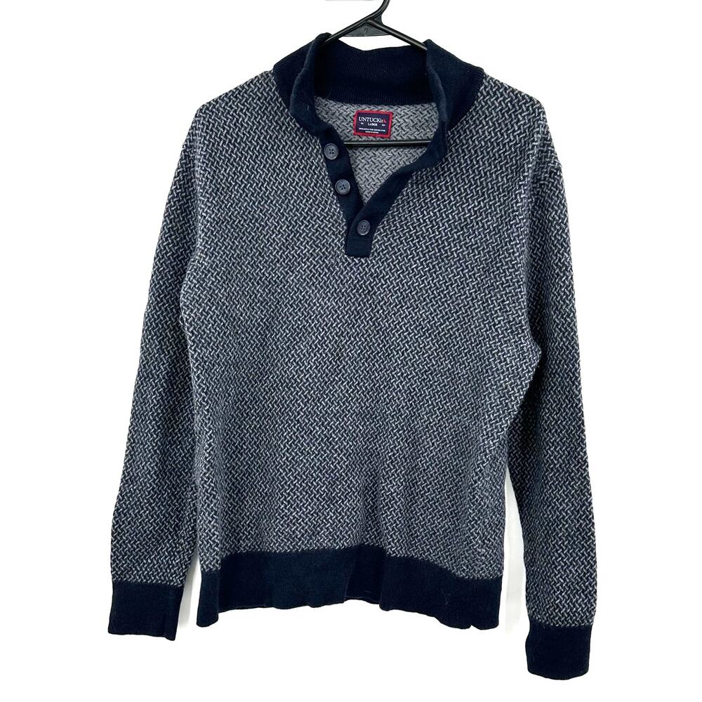 UNTUCKit Size Large Sorensen Cross Stitch Sweater Blue Button V-Neck 100% Wool‎